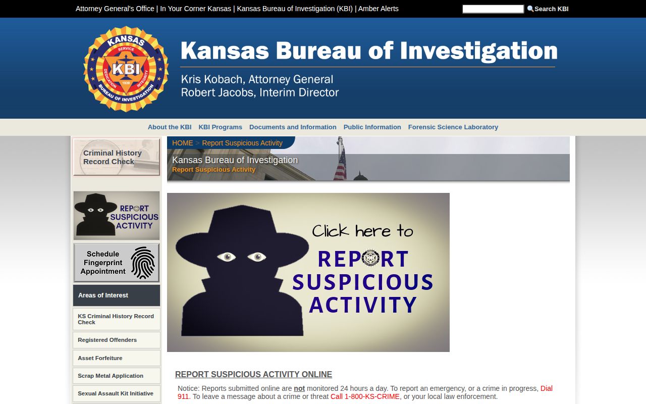 Kansas Bureau of Investigation tip page with emergency and response-time guidance