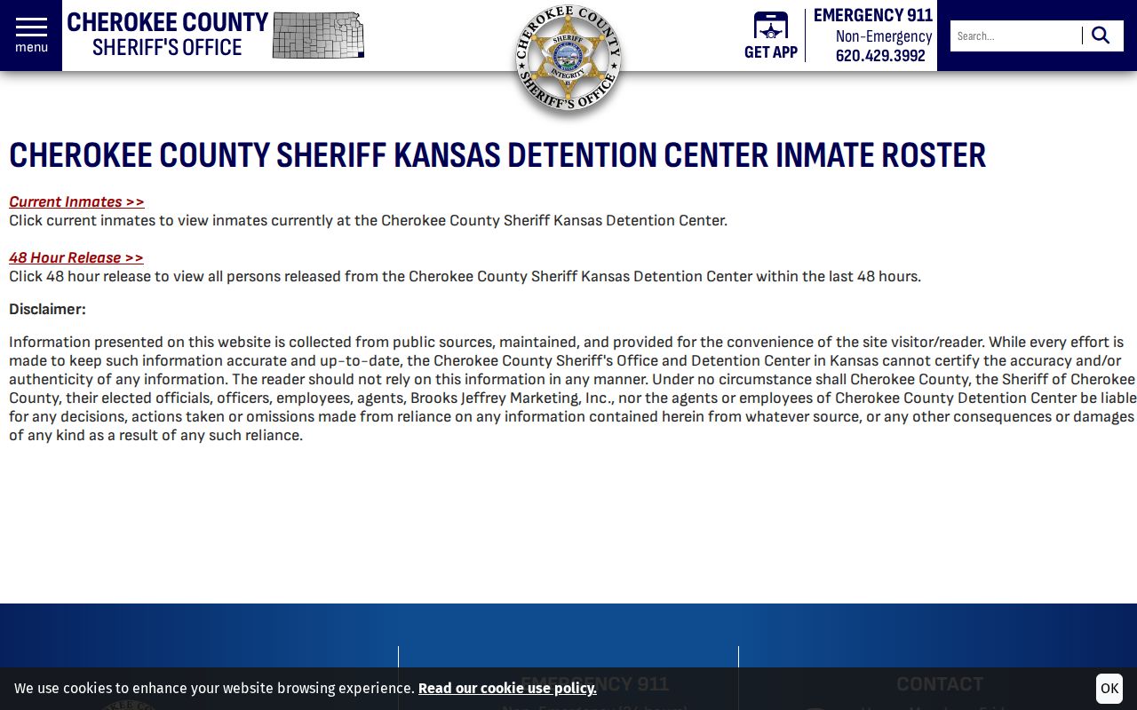 Kansas county roster page describing current and recent booking photo access