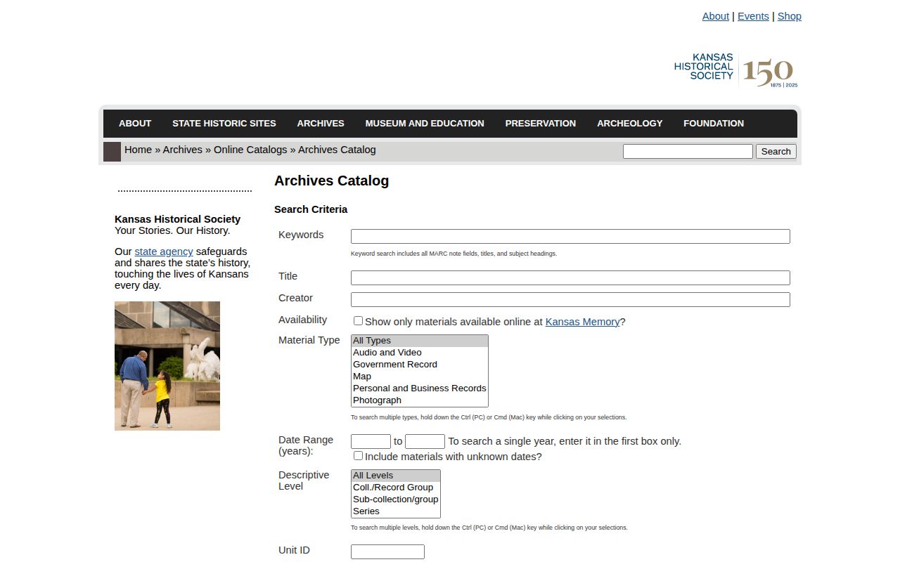 Kansas Historical Society archive interface for locating older correctional collections