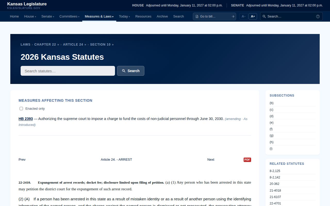 Kansas arrest-record expungement statute and petition rules