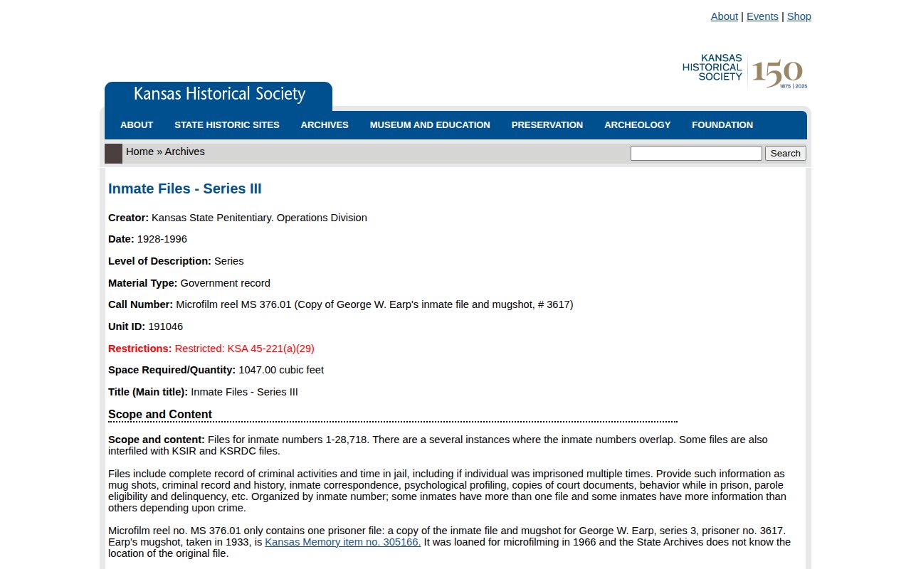 Kansas Historical Society inmate-file finding aid with collection dates and mugshot descriptions