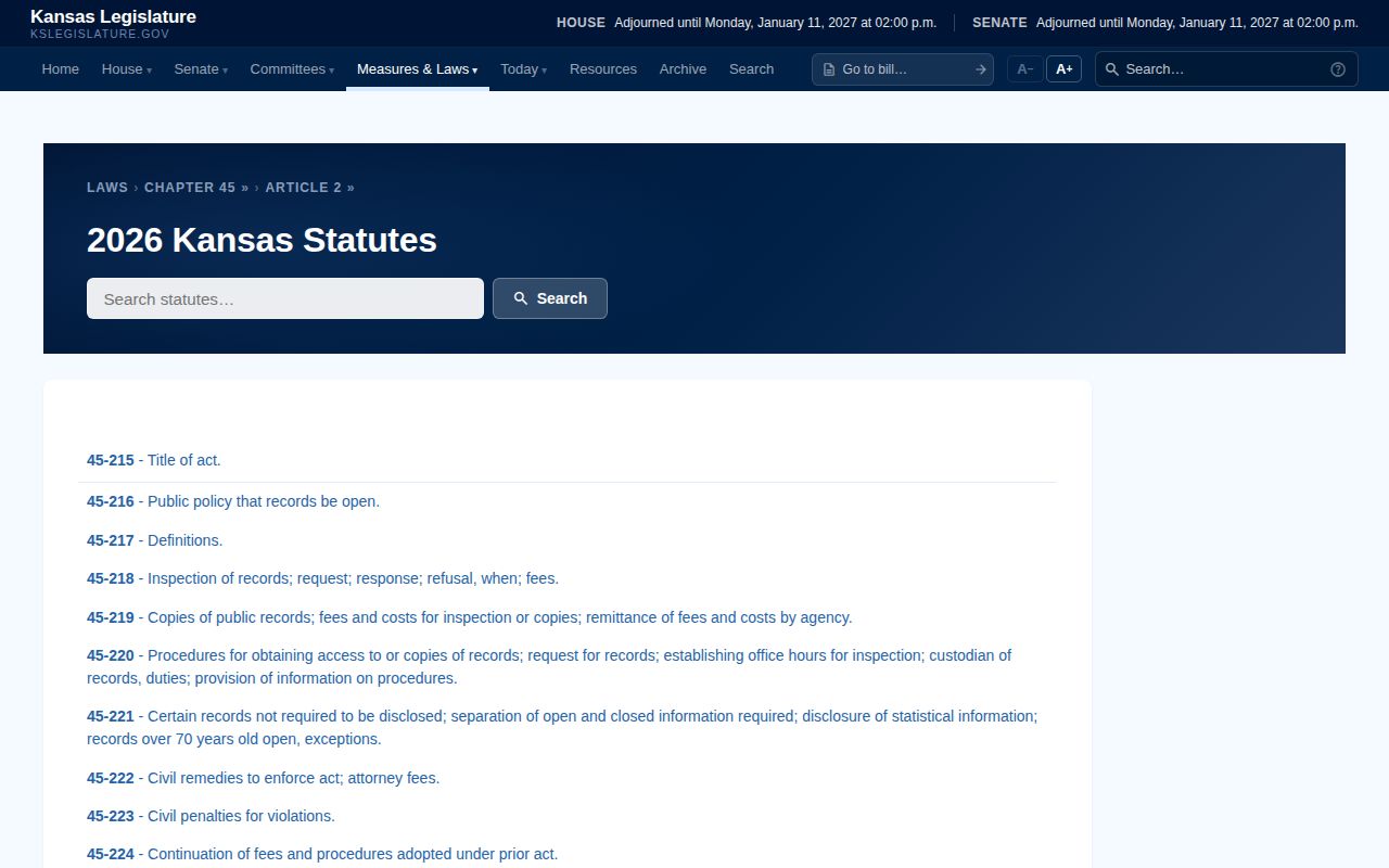 Kansas KORA chapter listing open-records request and exception sections