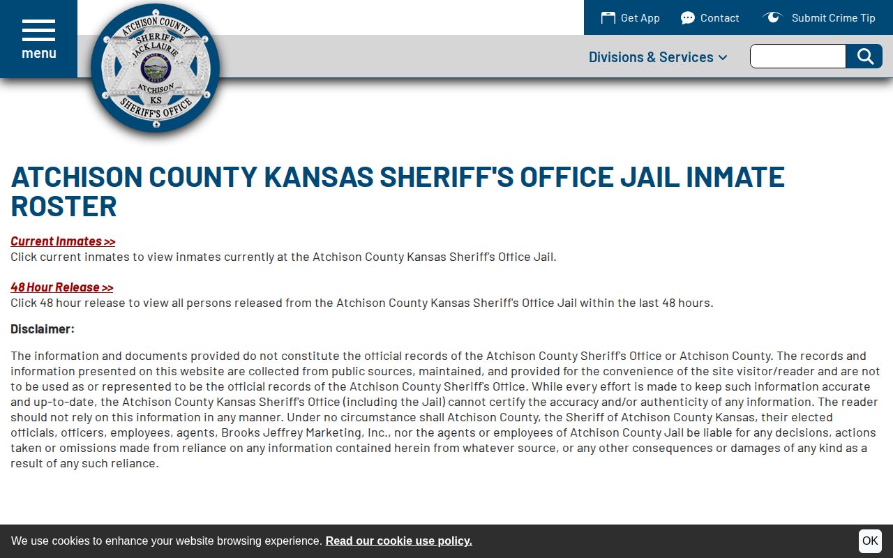 Kansas county jail roster disclaimer and current or recent booking access