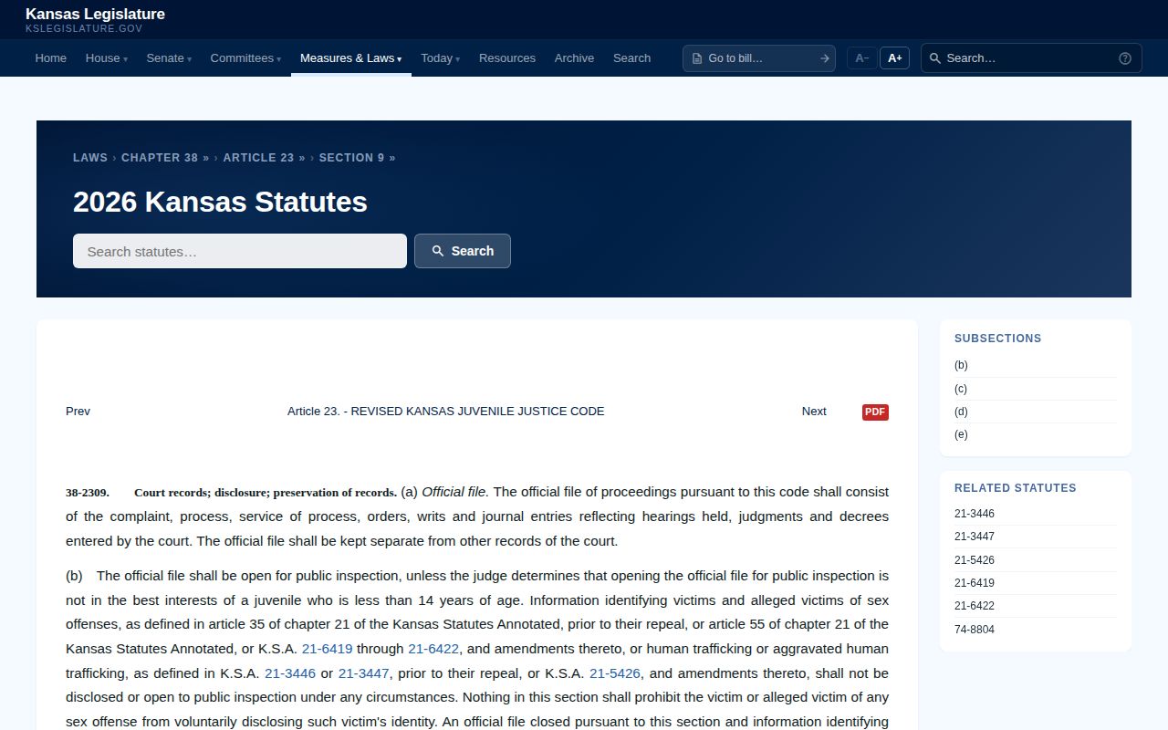 Kansas juvenile official-file statute and disclosure limits