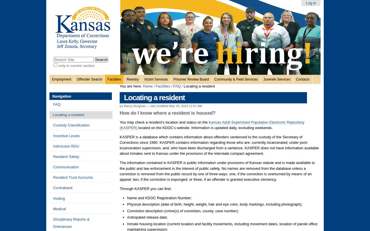 Kansas Department of Corrections explanation of KASPER coverage and fields