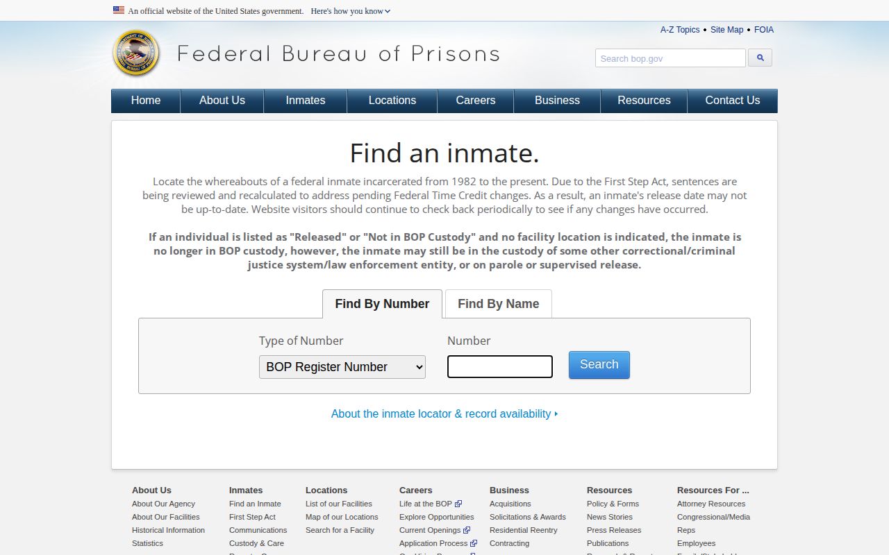 Kansas federal inmate locator name and register-number search, not a mugshot source