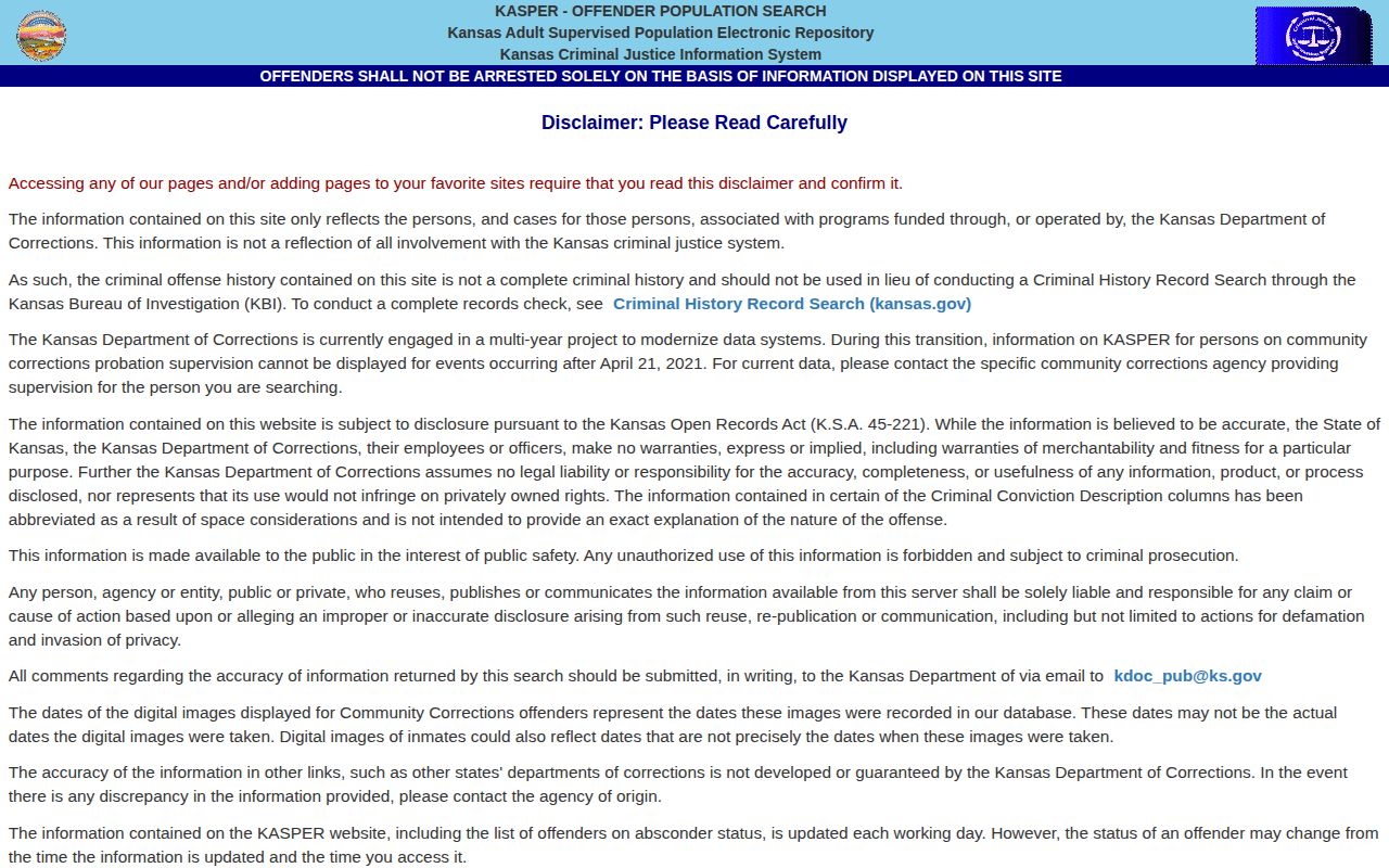 Kansas KASPER disclaimer on photo dates and record limits