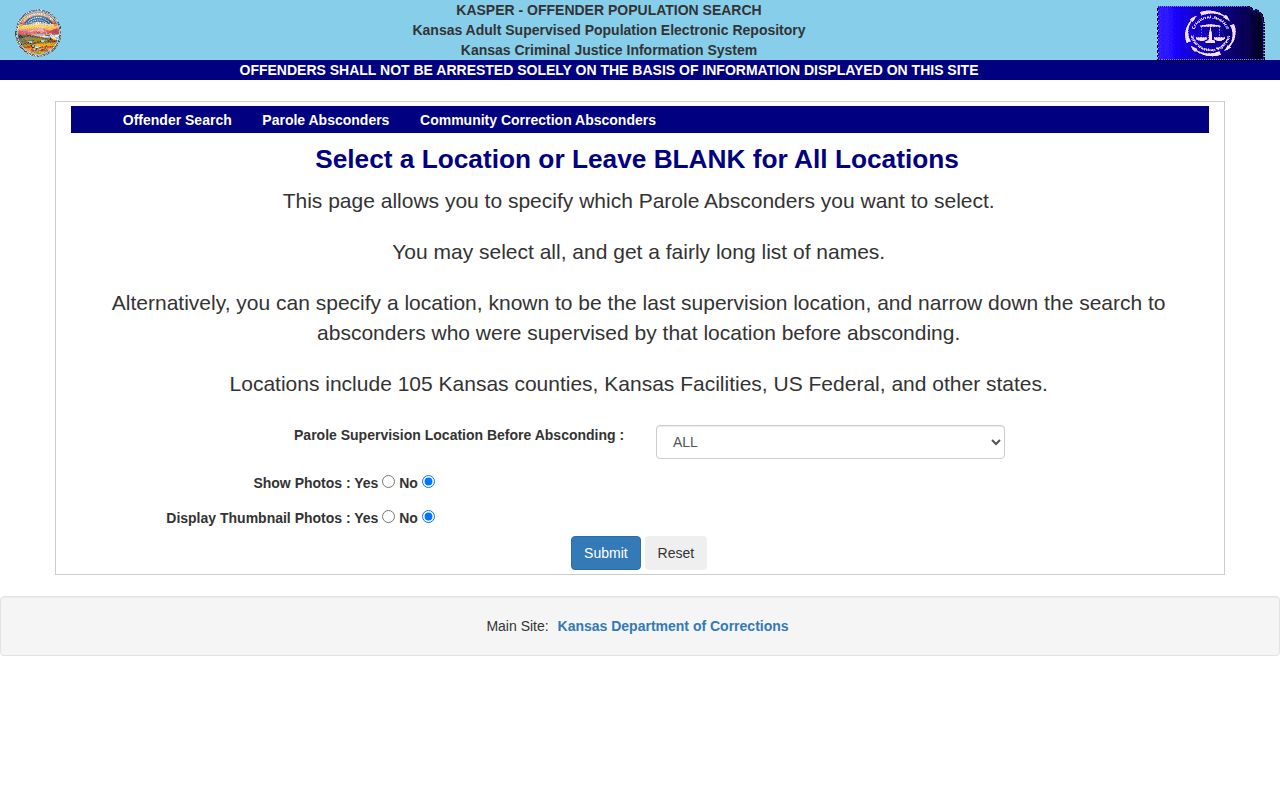 Kansas KASPER parole absconder search and photo controls