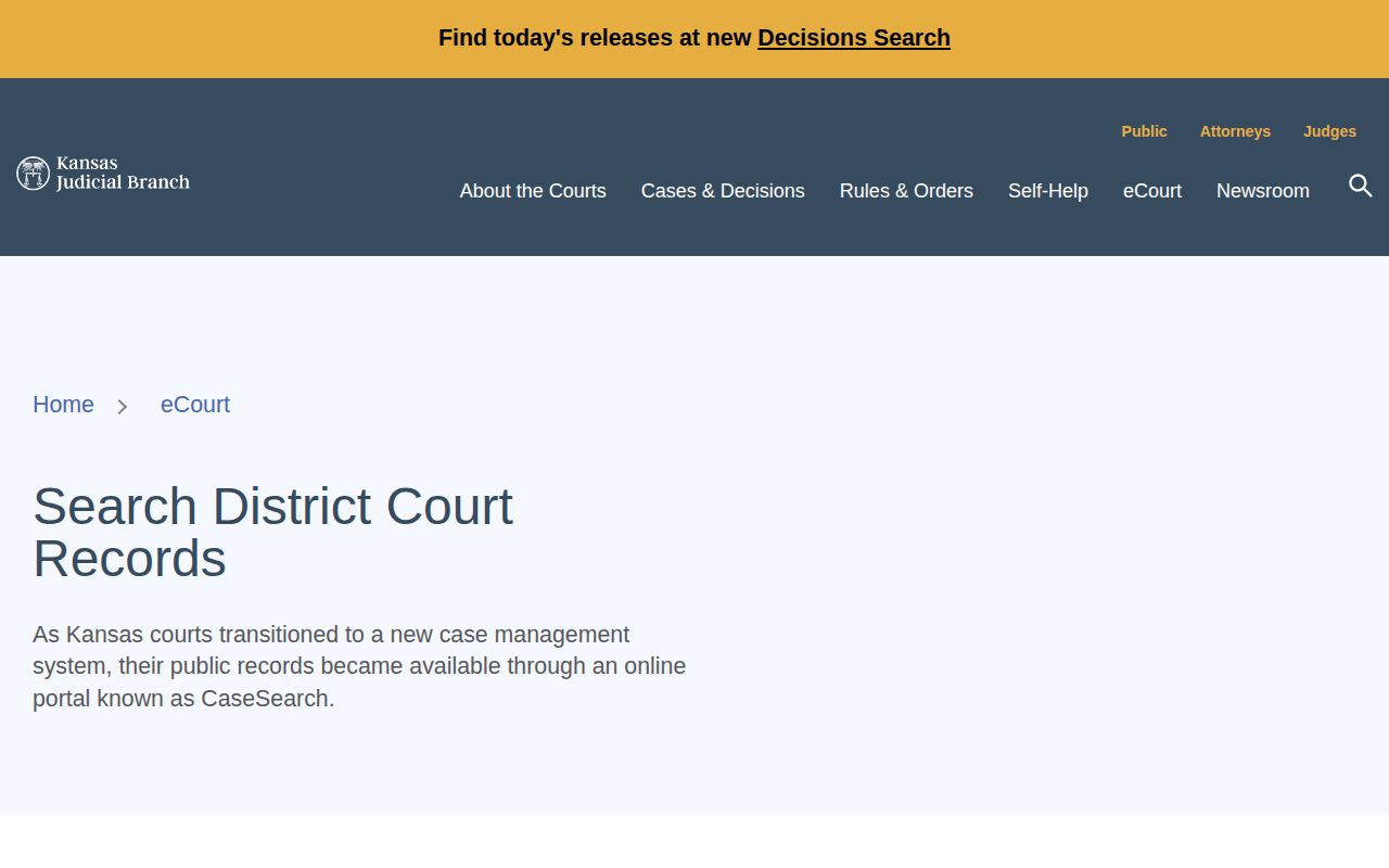 Kansas court records access page for district court cases and docket records