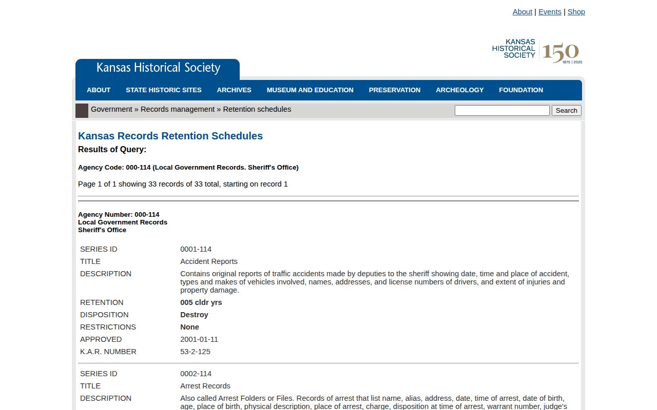 Kansas sheriff record-series retention entries for arrest and jail records